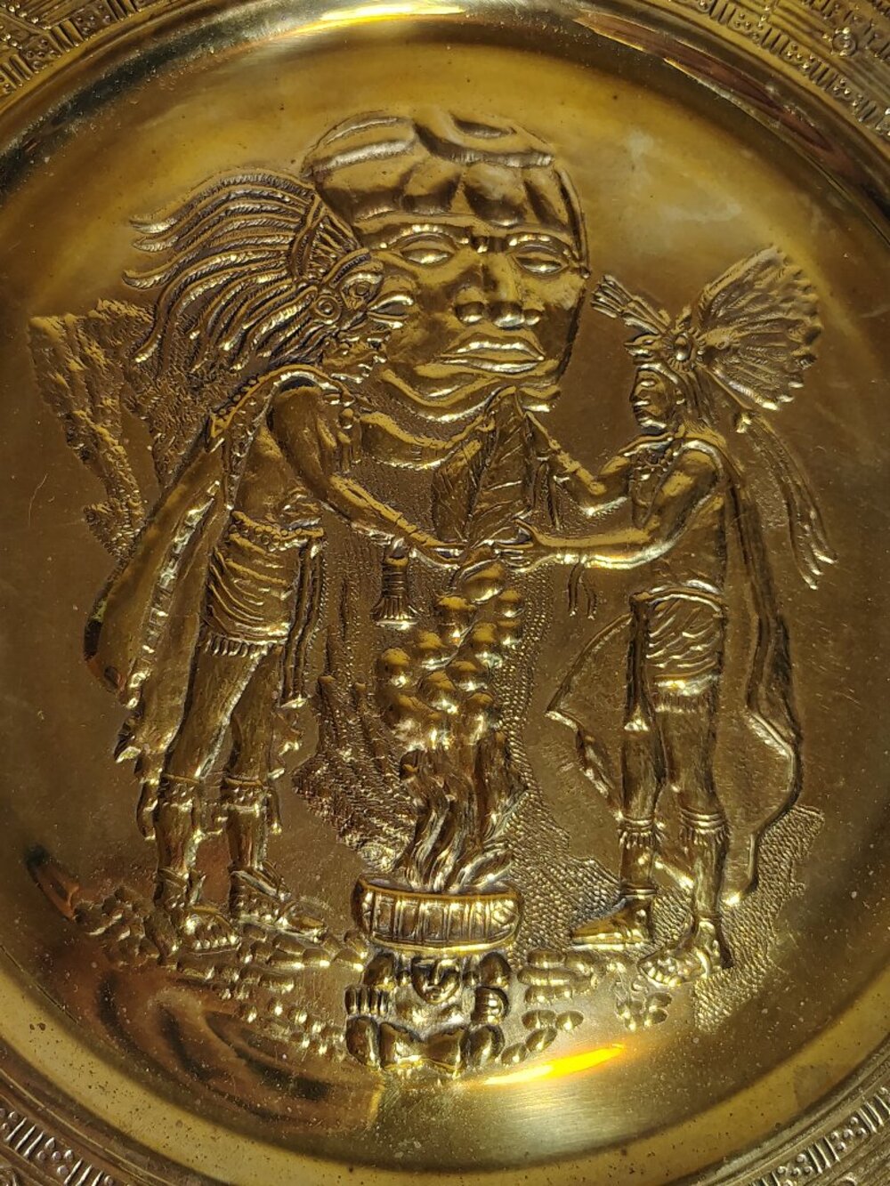 Vintage Mexican Embossed Brass Aztec / Mayan Calendar Decorative Wall Plating